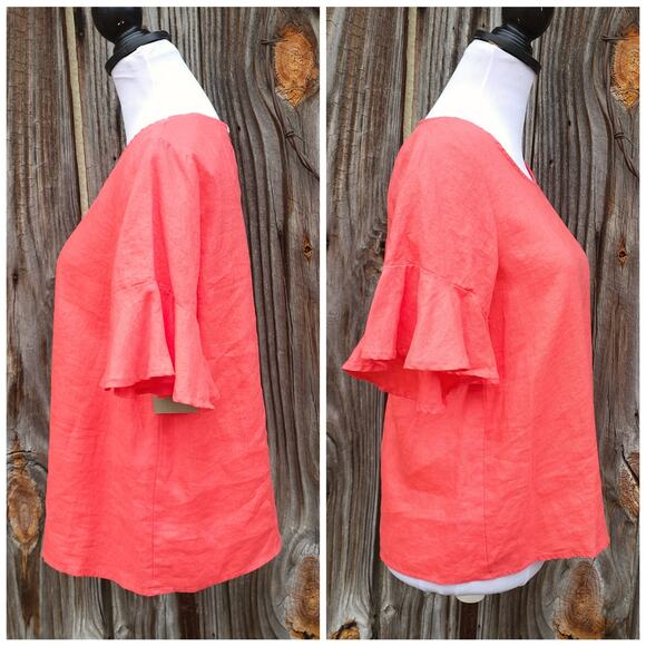 Ruffle Sleeve 100% Linen Blouse For Cynthia Size S Coral Bright Spring Top Shirt - Picture 3 of 9